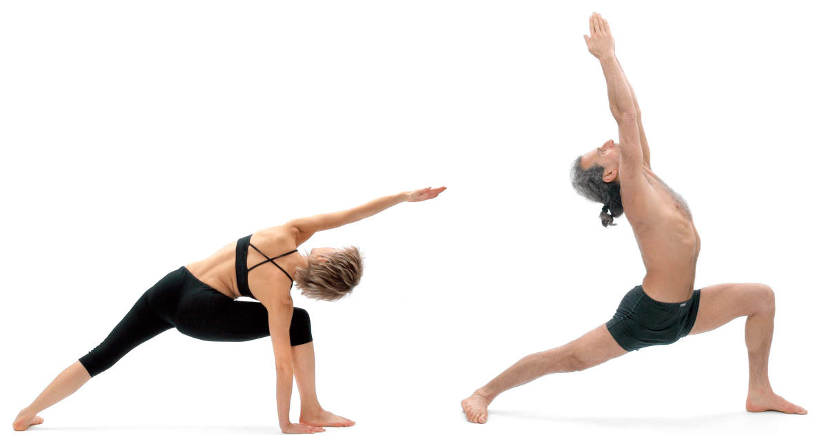 Figura 4a & 4b: (a) Utthita parsvakonasana i (b) Utthita virabhadrasana : en postures inclinades mantén el genoll directament sobre el taló per millorar-ne l’estabilitat. genoll alineat sobre el turmell en postures dempeus de ioga
